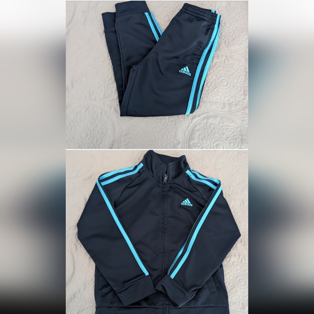 Kids Adidas Track Suit, Size 6, Color Blue with Teal Stripes.